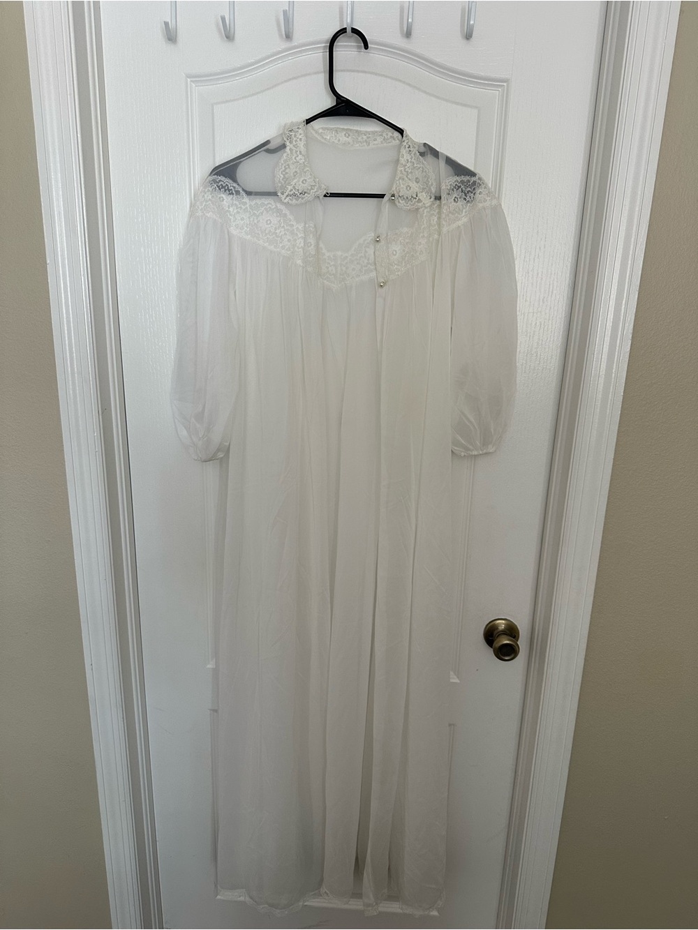 Vintage Radcliffe White Sheer Nylon Peignoir Robe Lace Pearl Button Long